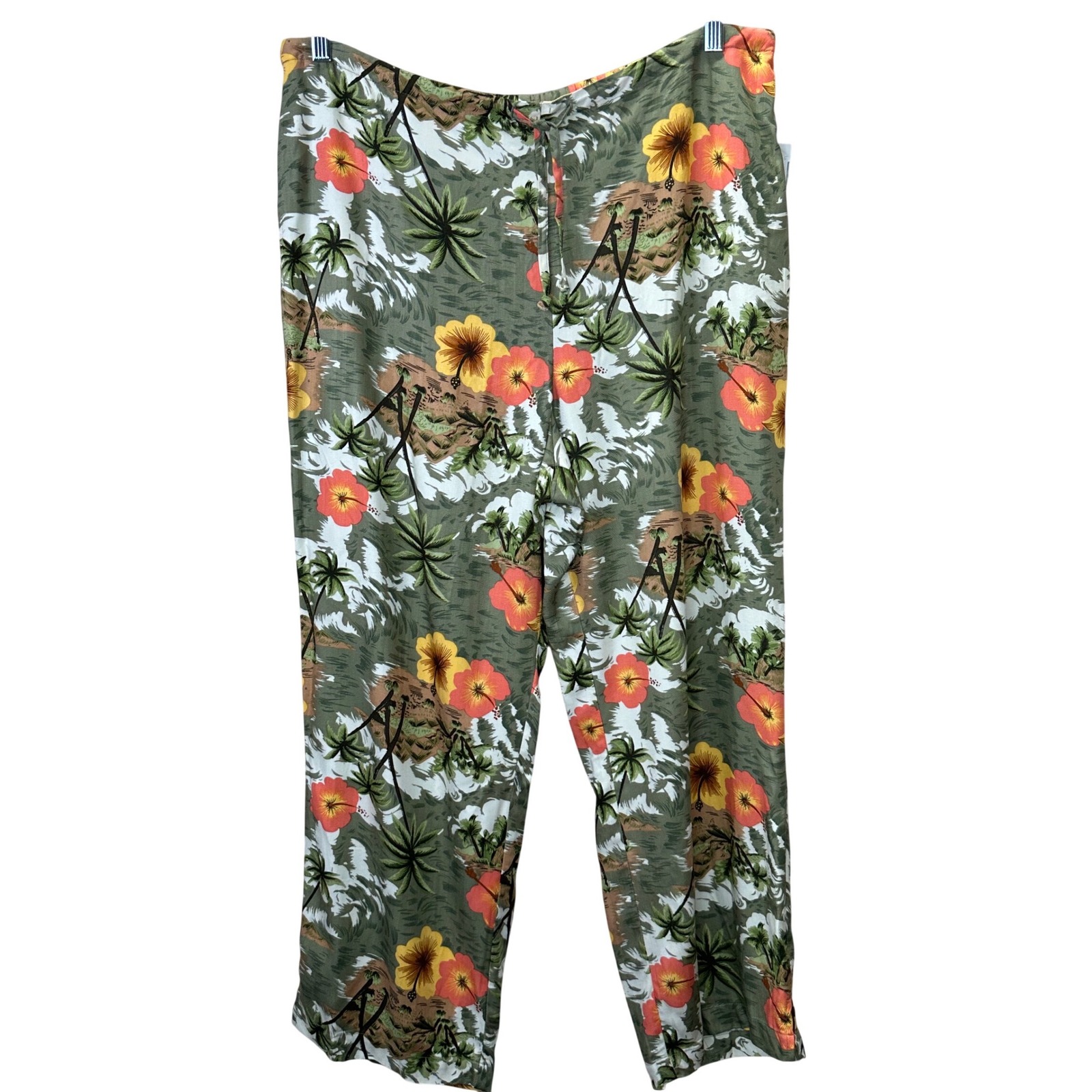 White Stag Vtg Nwt Xl Petite Tropical Floral Rayon Pull On Pants Washed Olive